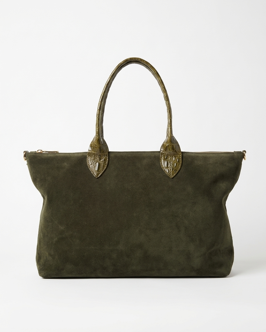 Olive Suede tote with Croc leather handles