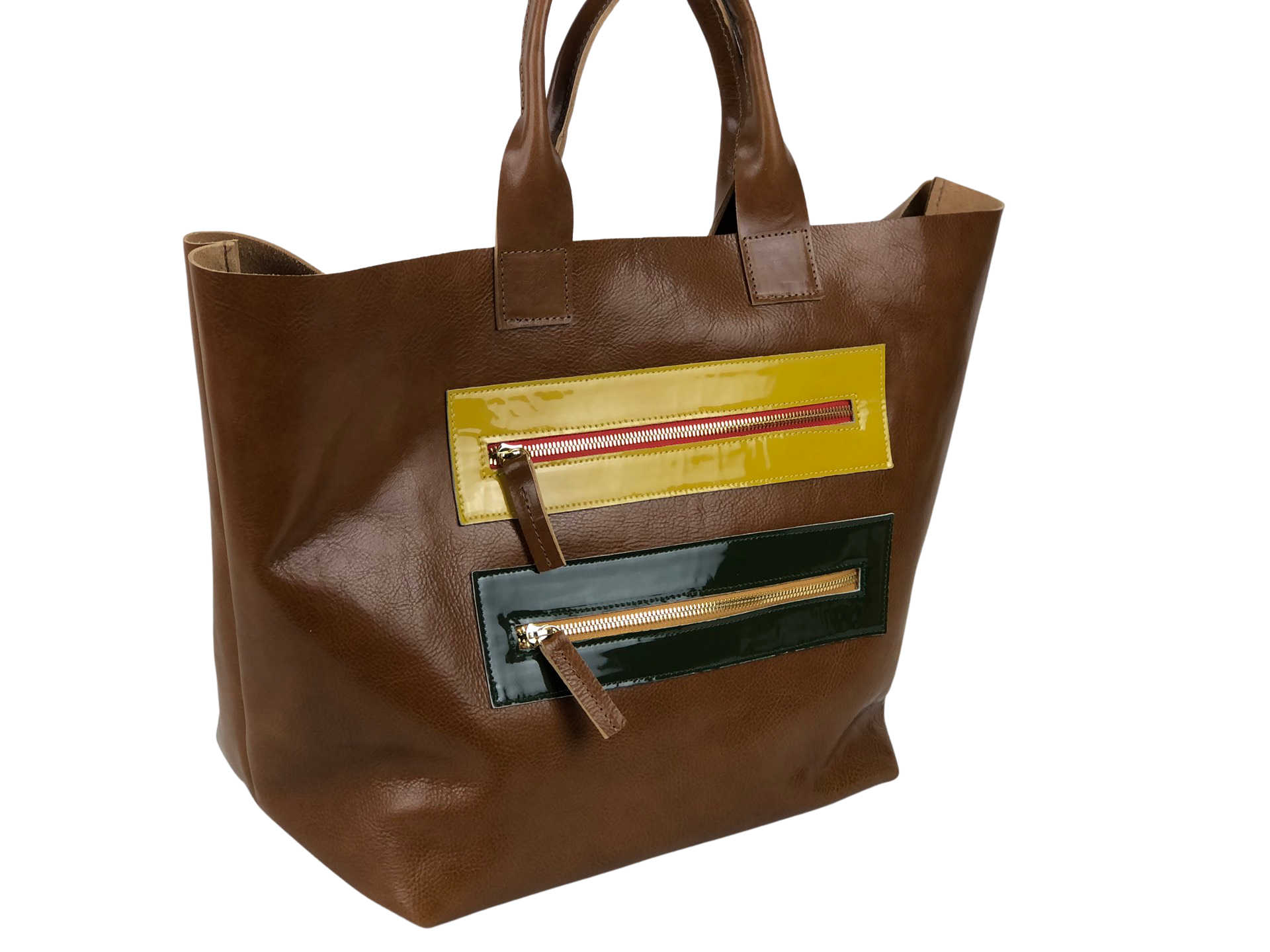 Brown Vegetable Tan leather Two Gold Exterior Zipper Closures Made in the USA 