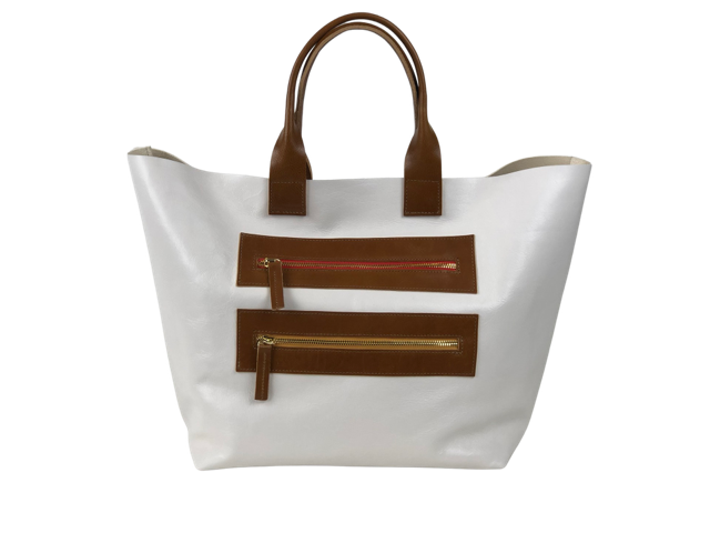 White Vegetable Tan leather Two Gold Exterior Zipper Closures Made in the USA 